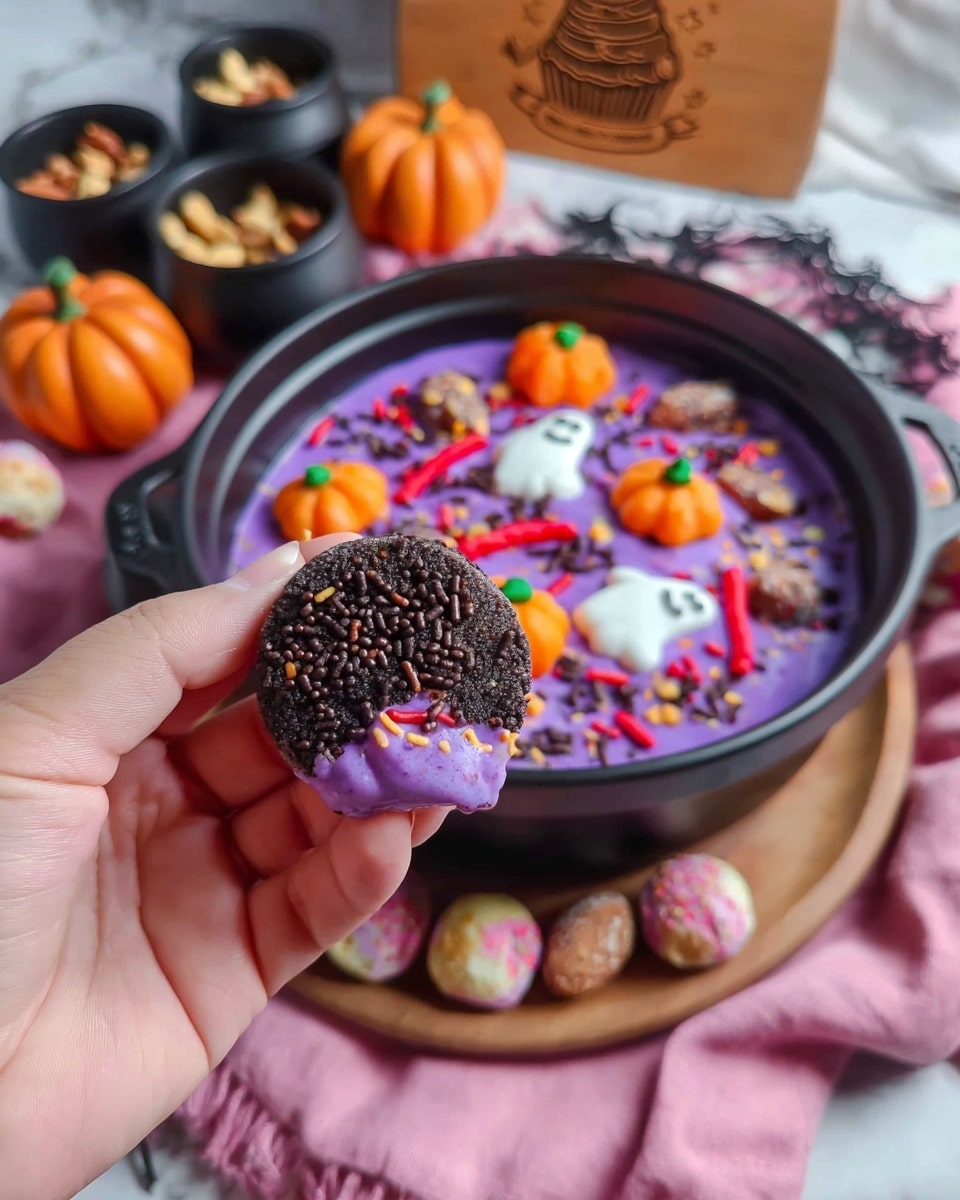 A woman's hand is holding a small round cookie dipped halfway in dark chocolate sprinkles in the foreground. Behind it, there is a black bowl filled with a thick, bright purple creamy mixture, decorated with small orange pumpkin candies, white ghost shapes, red gummy worms, and sprinkled with chocolate sprinkles all over. The scene is set on a white marbled textured surface with a soft pink cloth underneath, and there are small black pots filled with cookies and nuts nearby. The background has a blurred wooden board with a cupcake engraving. photo taken with an iphone --ar 4:5 --v 7