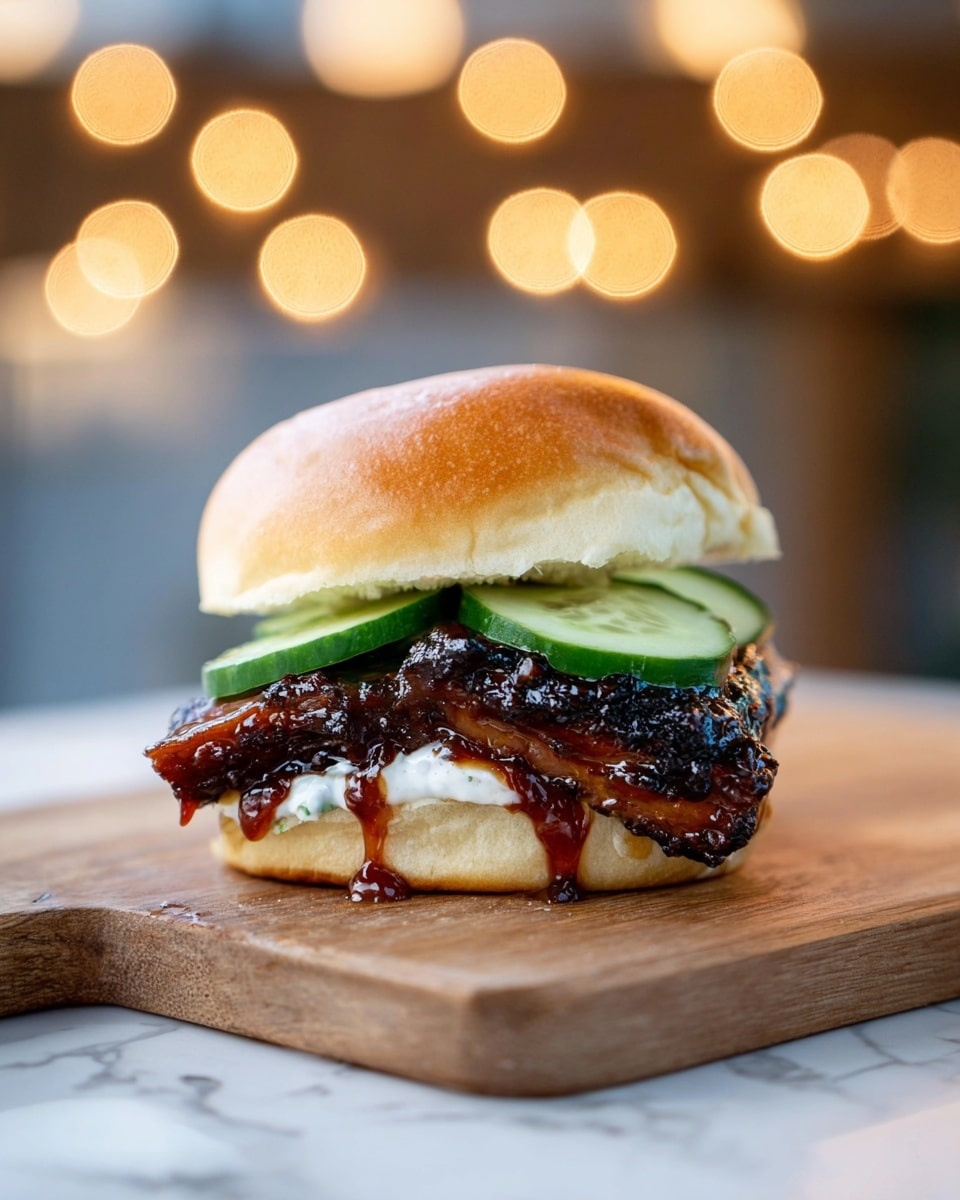 A close-up of a sandwich on a wooden board placed on a white marbled surface shows a soft, slightly toasted golden-brown bun with a glossy top. Inside, a thick layer of dark, glazed grilled meat with a shiny sauce dripping down the edge rests on the bottom bun, topped with a spread of white creamy sauce. Fresh green cucumber slices are placed neatly above the sauce, and the top bun covers the sandwich slightly off-center. The background is softly blurred with warm string lights creating cozy bokeh. Photo taken with an iphone --ar 4:5 --v 7