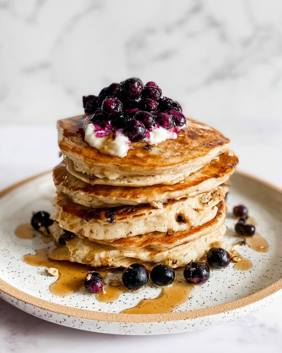 A stack of six thick, golden-brown pancakes with a slightly uneven texture, showing bits of cooked fruit or nuts inside each layer. On top of the pancakes is a dollop of white cream with a pile of shiny, dark purple blueberries glistening with syrup. More blueberries are scattered around the base of the stack on the white speckled plate. A warm amber syrup is poured over the pancakes and pooling around the plate, adding shine and a sticky texture. The plate sits on a white marbled surface with a subtle pattern in the background. photo taken with an iphone --ar 4:5 --v 7