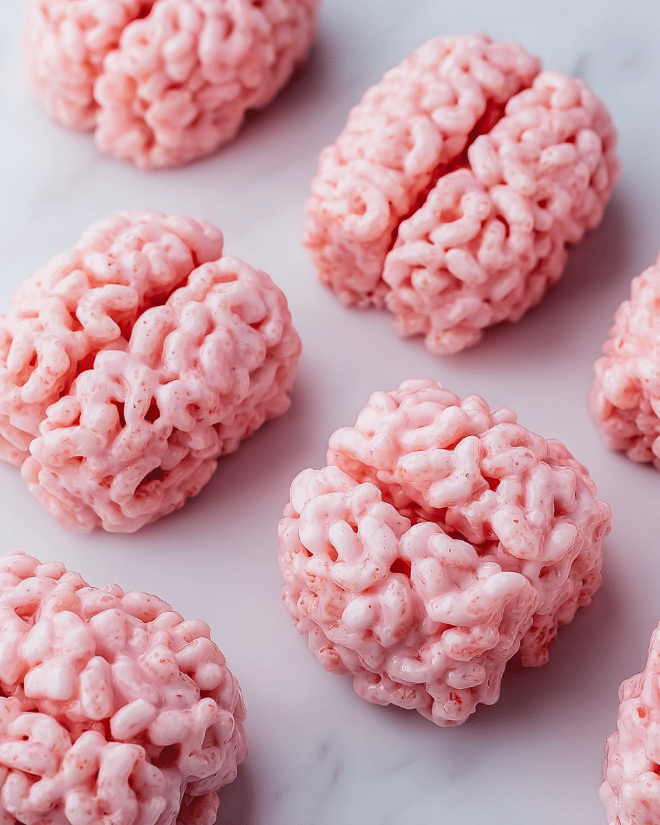 The image shows six pink rice crispy treats shaped like brains, placed evenly on a white marbled surface. Each treat is made of puffed rice cereal coated in a glossy, light pink marshmallow mixture. The treats are divided in the middle by a shallow groove, creating two brain-like halves per piece, with the puffed rice texture giving a bumpy and irregular surface. The overall look is soft and shiny, with a playful and slightly squishy appearance. photo taken with an iphone --ar 4:5 --v 7