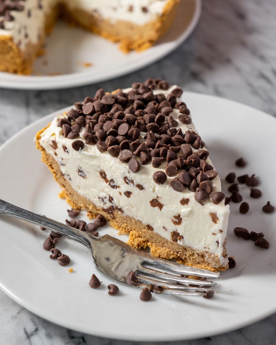A slice of creamy pie with three layers is shown on a white plate. The bottom layer is a crumbly light brown crust, thick and textured. Above that is a thick, smooth white cream filling studded with small chocolate chips mixed inside. The top layer is a generous amount of white cream topped heavily with many dark chocolate chips, scattered partly around the plate. A shiny silver fork sits next to the pie slice on the plate. The background surface is a white marbled texture. photo taken with an iphone --ar 4:5 --v 7