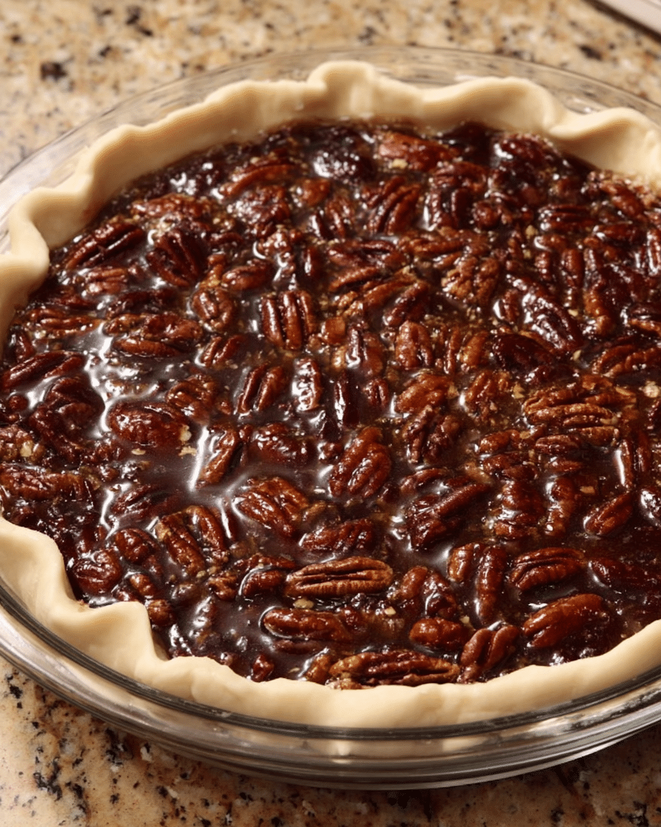 A clear glass pie dish holds a pecan pie with three visible layers: the bottom layer is a light beige pie crust that lines the dish and slightly folds over the edge, the middle layer is a deep dark brown glossy filling that looks thick and smooth, and the top layer is made of whole pecan halves scattered evenly across the filling, their rich brown color and textured surface standing out against the shiny pie filling. The pie rests on a countertop with a speckled tan and brown pattern. Photo taken with an iphone --ar 4:5 --v 7