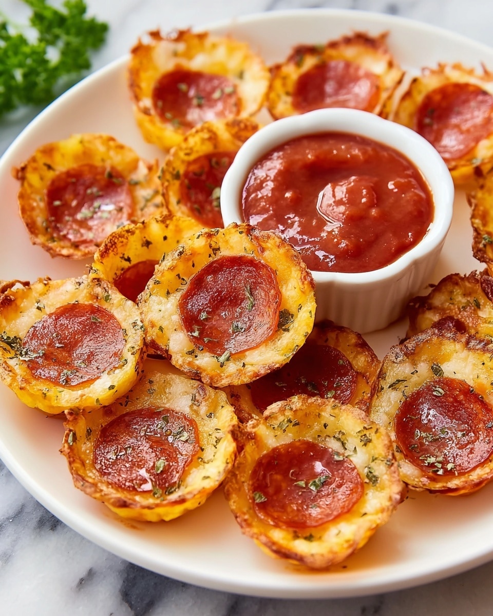 A white round plate on a white marbled surface holds about fifteen mini pizza bites arranged in a loose circle around a small white ramekin filled with glossy, chunky red marinara sauce. Each pizza bite has a crispy golden-brown cheese base topped with three small, evenly spaced slices of bright red pepperoni and sprinkled with dried herbs, giving a textured look. The edges of the bites appear slightly crunchy and uneven. There is a hint of green parsley blurred in the background. Photo taken with an iphone --ar 4:5 --v 7