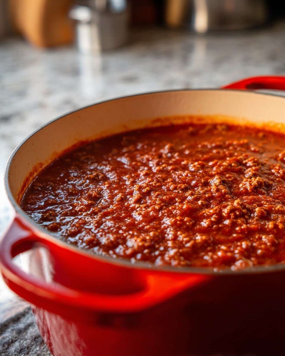 A close-up image of a red pot filled with thick, chunky tomato sauce with visible ground meat, showing a rich red color and slight shine from the oil; the pot's interior is cream-colored and the pot is placed on a white marbled surface with blurred kitchen elements in the background. photo taken with an iphone --ar 4:5 --v 7