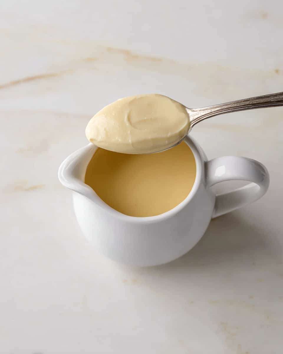 A smooth, creamy pale yellow sauce fills a white bowl with a subtle textured pattern on its outside. A spoon covered with the same creamy sauce is held above the bowl, showing its thick and glossy texture. The bowl rests on a soft, light grey cloth with a slightly wrinkled fabric texture, all placed on a white marbled surface. The overall look is clean and fresh, highlighting the silky consistency of the sauce. photo taken with an iphone --ar 4:5 --v 7