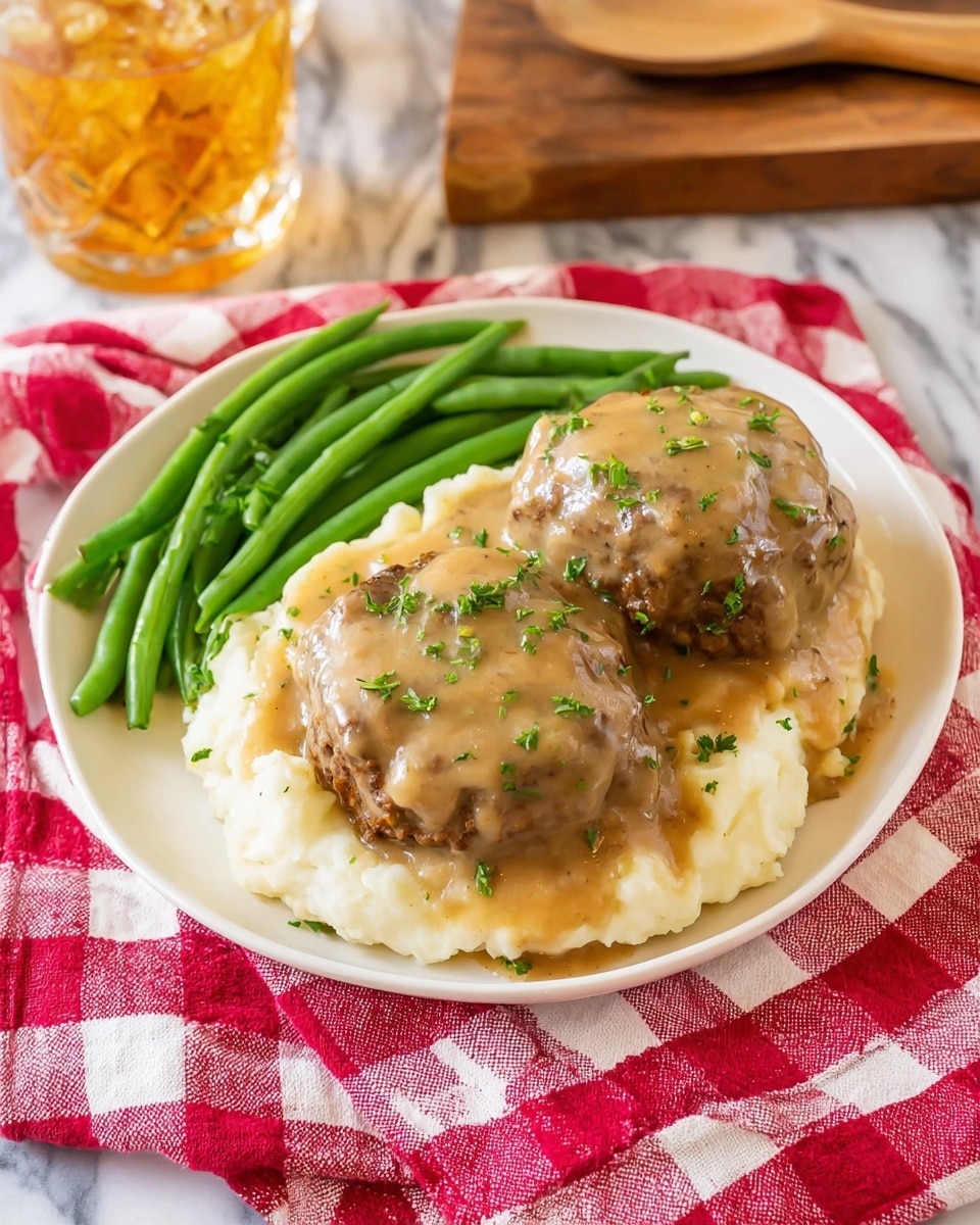 A white plate shows a meal with three parts: on the left is a pile of fresh green beans, long and vibrant, stacked close together; in the middle at the bottom is a thick layer of creamy mashed potatoes, smooth and white; on top of the mashed potatoes, two large brown meat patties are covered with a thick light brown gravy, sprinkled with small green herb pieces. The plate sits on a red and white checkered cloth over a white marbled surface. In the background, there is a wooden spoon and a glass with a golden drink. Photo taken with an iphone --ar 4:5 --v 7