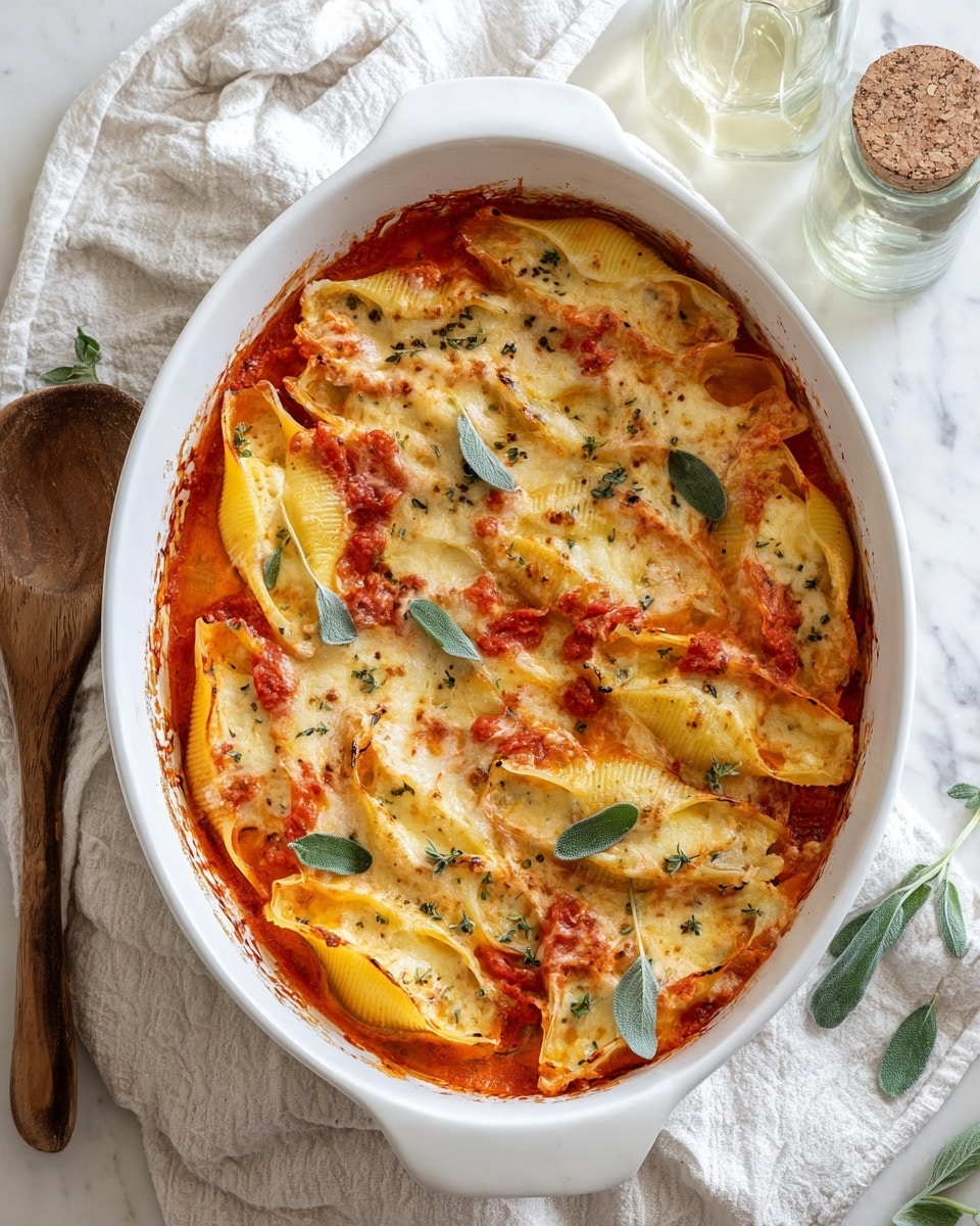 The image shows a white oval baking dish filled with two layers of stuffed pasta shells covered in melted golden-brown cheese and bright red tomato sauce, topped with small fresh green sage leaves for garnish. The edges of the baked cheese are slightly crispy and browned. The dish rests on a white marbled surface with a white cloth and a wooden spoon beside it, along with a glass of clear liquid and a glass container with a cork lid nearby. photo taken with an iphone --ar 4:5 --v 7