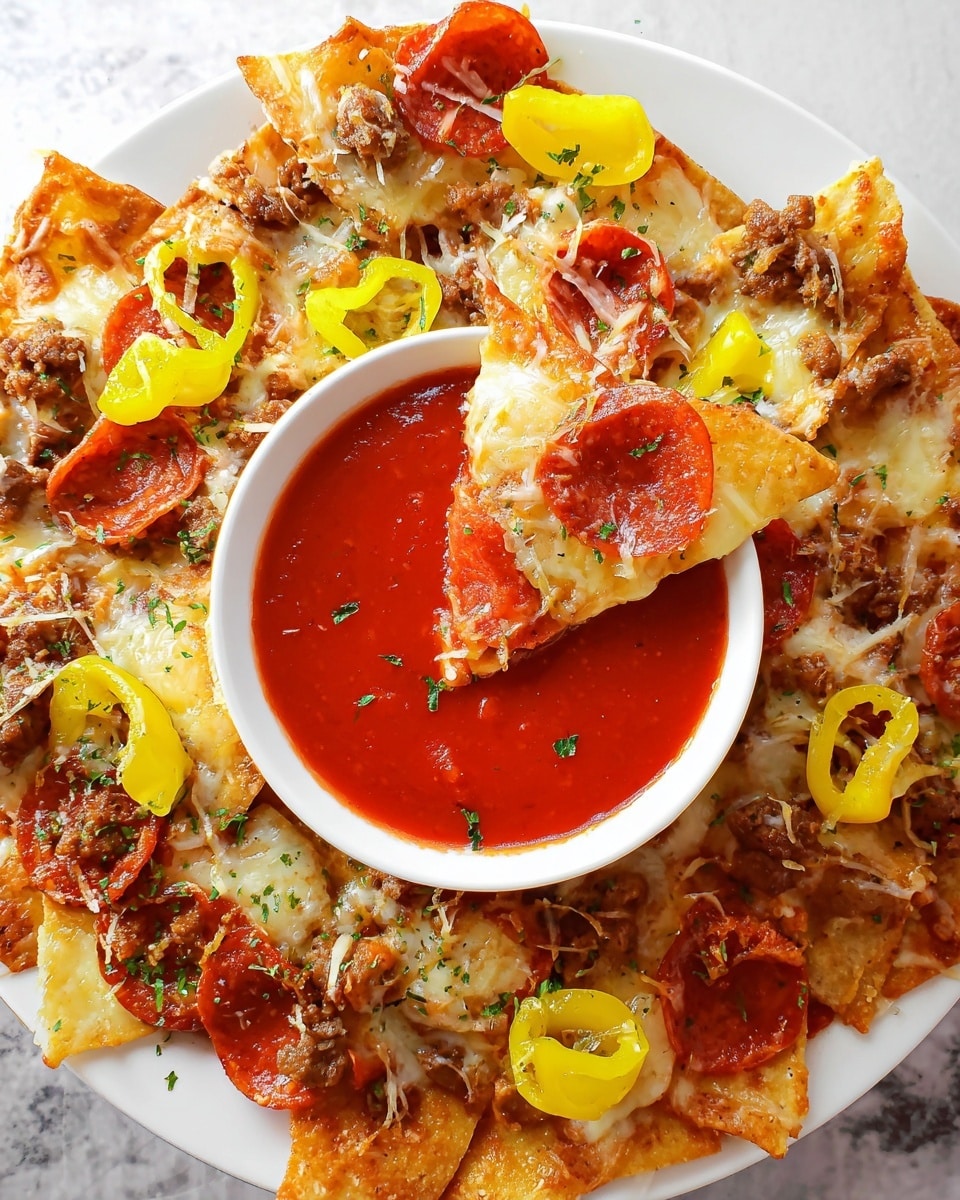 A white plate is filled with crispy, golden brown folded nachos layered with melted white cheese, small pieces of brown cooked sausage, round red pepperoni slices, and bright yellow pepper rings scattered on top. In the center of the plate, a white bowl holds thick, bright red marinara sauce with a folded nacho partially dipped in it, showing some sauce on the chip’s edge. Small green parsley bits are sprinkled over the dish, all set against a white marbled texture background. photo taken with an iphone --ar 4:5 --v 7