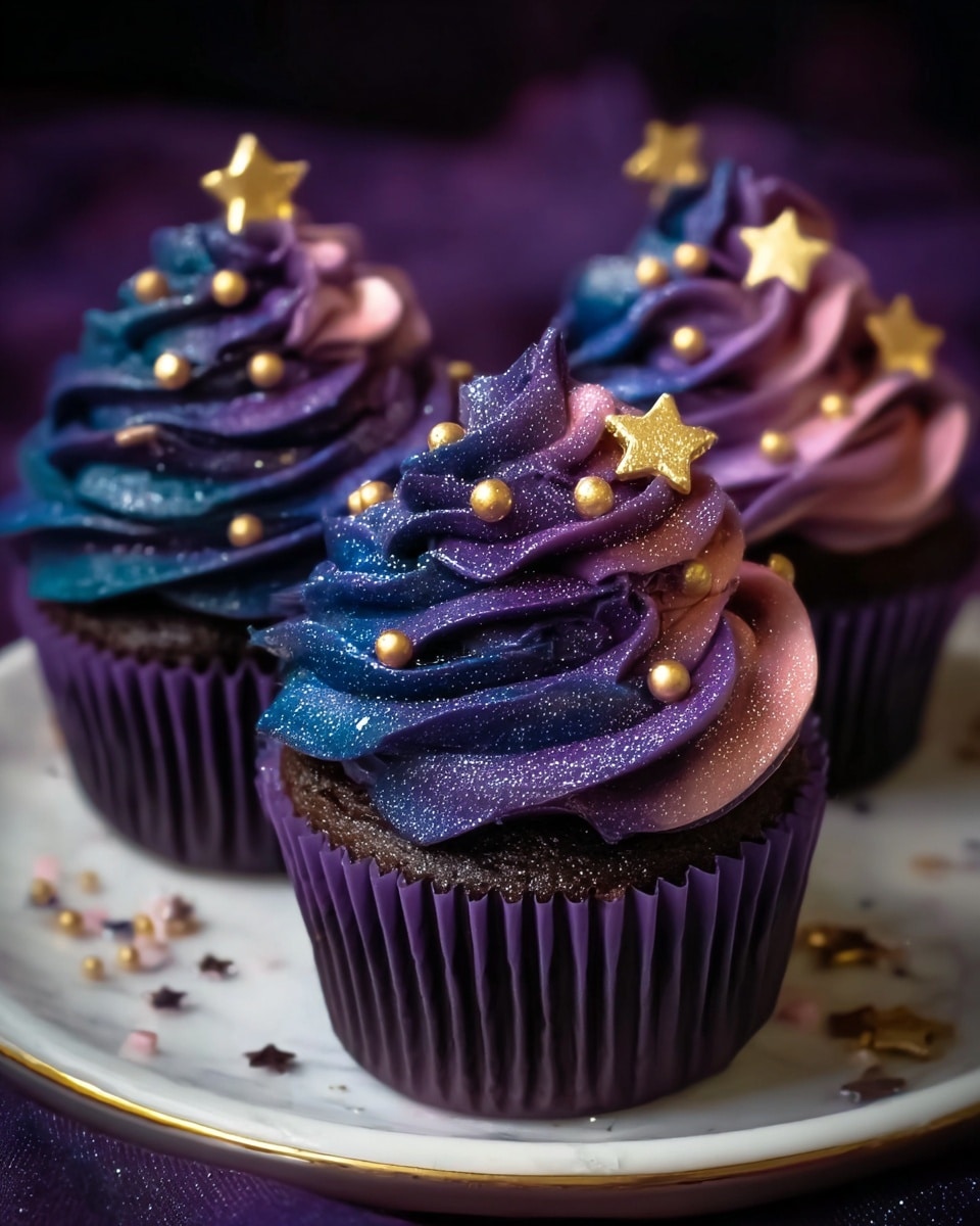 Three chocolate cupcakes with three layers of swirled frosting in purple, dark blue, and a bit of pink, each topped with small gold star and ball sprinkles. The frosting has a shiny, glittery texture. The cupcakes are in dark purple liners, placed on a white plate with a white marbled texture beneath. The background is blurred dark purple, making the cupcakes stand out sharply. Photo taken with an iphone --ar 4:5 --v 7