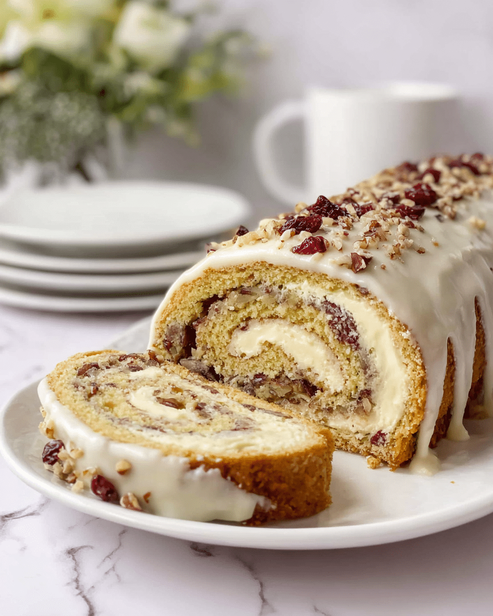 A sliced cake roll sits on a white plate over a white marbled surface, showing three visible layers: the outer golden-brown spongy cake with bits of nuts and dark pieces, a thick inner layer of smooth pale cream filling spiraled within, and a white icing glaze on top dripping slightly down the sides. The icing is sprinkled with chopped nuts and small dark red dried fruits scattered along the top. In the background, a white cup and a blurred stack of white plates contribute to a soft setting, with light green and white flowers adding a gentle touch. photo taken with an iphone --ar 4:5 --v 7