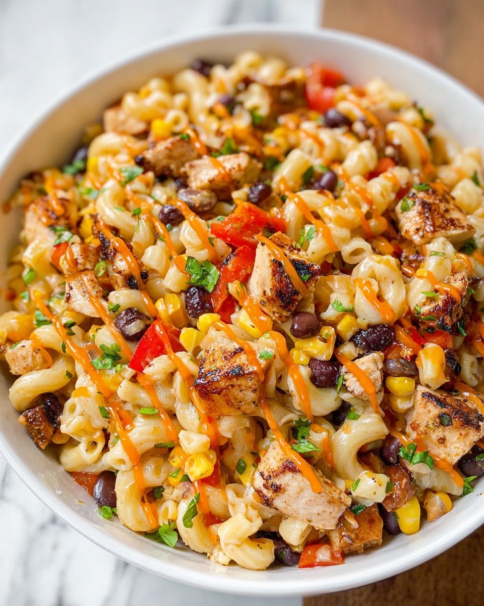 A close-up view of a white bowl filled with a colorful mixed dish featuring layers of elbow macaroni pasta, grilled chicken pieces with light brown sear marks, black beans, yellow corn kernels, diced red bell peppers, and chopped fresh green herbs scattered throughout. The pasta and chicken are coated in a light sauce, with a drizzle of a shiny reddish-orange sauce on top. The textures range from soft pasta to slightly crisp vegetables, creating a vibrant and hearty meal. The bowl sits on a white marbled surface. photo taken with an iphone --ar 4:5 --v 7