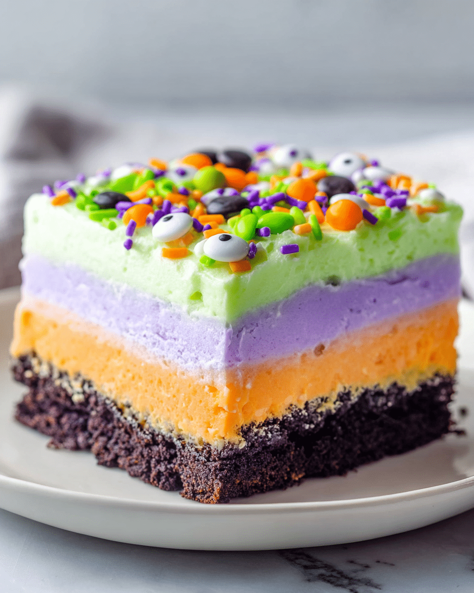 The image shows a square, colorful dessert with four distinct layers sitting on a white plate on a white marbled surface. The bottom layer is a dark, crumbly chocolate base. Above it is a thick, smooth layer of light purple cream, followed by a thinner, bright orange layer in the middle. The top layer is a pale green cream decorated with multi-colored sprinkles in green, orange, purple, black, and small candies shaped like eyes, adding texture and fun details. The layers are clean and clearly visible, showcasing a rich and festive treat. Photo taken with an iphone --ar 4:5 --v 7