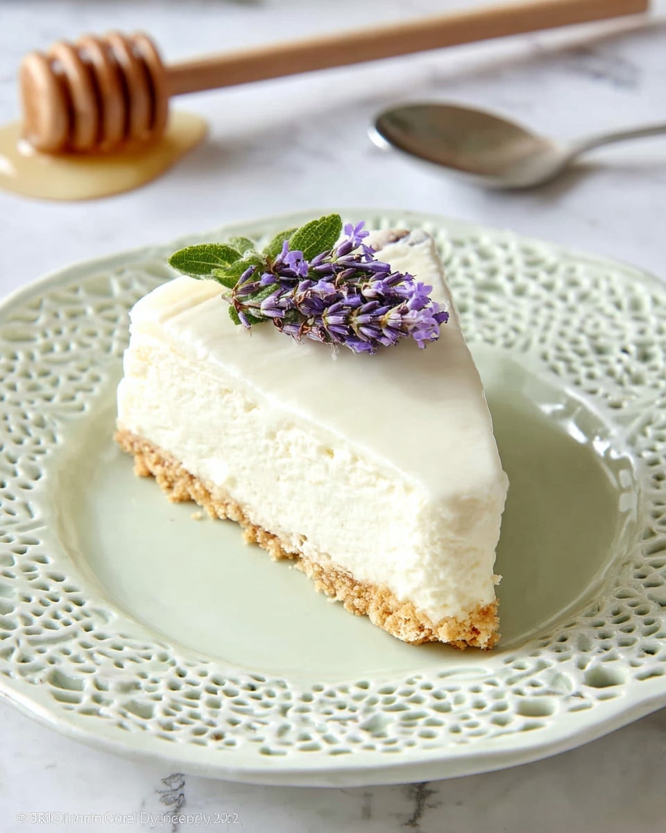 A close-up of a slice of cheesecake showing two clear layers: a thick, creamy white top layer with a smooth texture and a rough, crumbly light brown crust at the bottom. The slice is on a white plate with a textured greenish pattern, and a small sprig of dark purple garnish sits on top near the tip. The background is a white marbled texture with soft lighting highlighting the creamy surface of the cheesecake. photo taken with an iphone --ar 4:5 --v 7