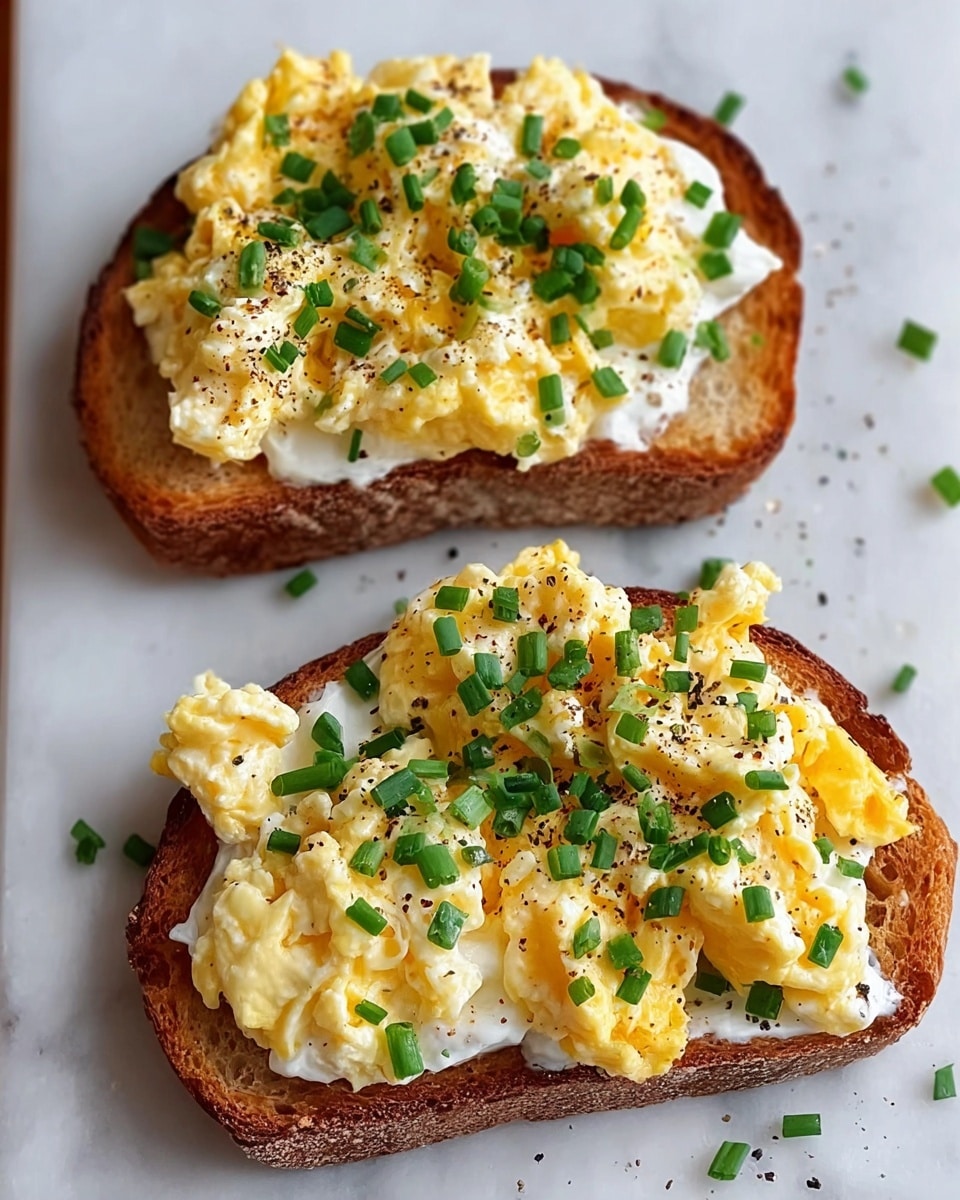 Two slices of toasted bread sit on a white marbled surface, each topped with a layer of fluffy scrambled eggs that have a mix of white and yellow tones. The eggs are unevenly spread, showing soft and creamy textures. Bright green chopped chives are sprinkled generously on top, adding color contrast. Black pepper is lightly dotted over the eggs, enhancing the appearance with tiny dark specks. The slices of bread have a golden-brown crust with a rough texture. Photo taken with an iphone --ar 4:5 --v 7