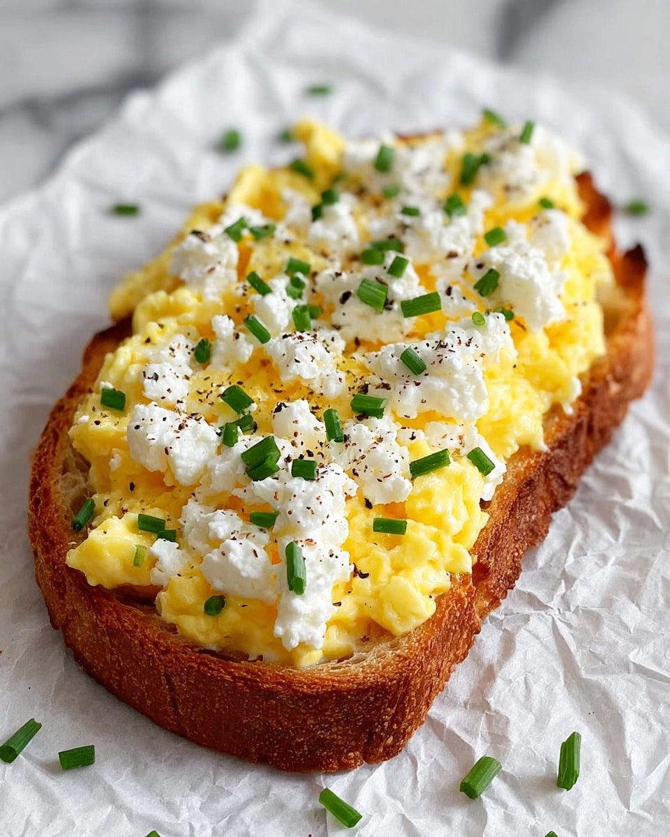 A single slice of toasted bread with a golden brown crust and a slightly crisp texture forms the base, topped with a thick layer of soft, creamy, yellow scrambled eggs. On top of the eggs are fluffy white dollops of cottage cheese, scattered unevenly. The dish is garnished with small pieces of fresh green chives and a light sprinkle of black pepper all over. The toast is placed on crumpled white parchment paper, set on a white marbled textured surface. photo taken with an iphone --ar 4:5 --v 7