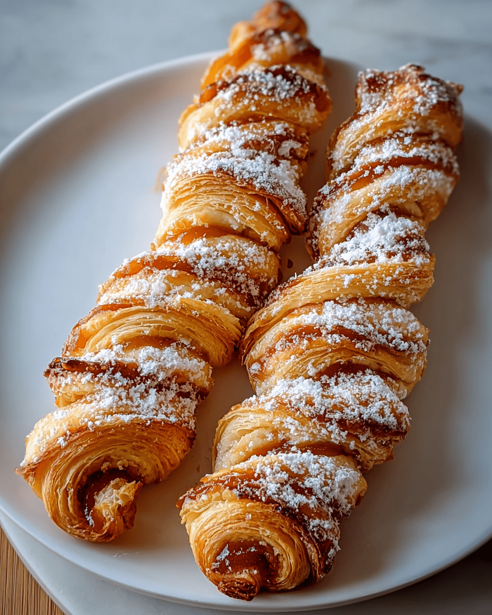 Two twisted puff pastries sit side by side on a plain white plate, each pastry showing many thin, flaky layers of golden brown dough spiraled tightly. The outer surface of the pastries is shiny and crisp with a light dusting of white powdered sugar scattered unevenly over the top, adding a soft contrast to the rich baked color. The filling peeks out slightly from inside the twists, showing a warm, caramel-colored sweet layer. The plate rests on a white marbled surface, and the image is captured close up with natural light highlighting the texture of the pastry. photo taken with an iphone --ar 4:5 --v 7