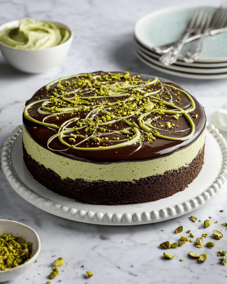 A round three-layer cake sits on a white plate with a beaded edge on a white marbled surface. The bottom layer is dark brown and looks moist and dense like chocolate cake. The middle layer is thick, light green with a creamy texture, resembling pistachio mousse. The top layer is a shiny dark chocolate glaze, smooth and reflective, decorated with random thin swirls of light green cream and sprinkled with crushed green pistachio nuts. Around the cake, there are scattered pistachio bits, a white bowl holding green cream, and a stack of white plates with silver forks. Photo taken with an iphone --ar 4:5 --v 7