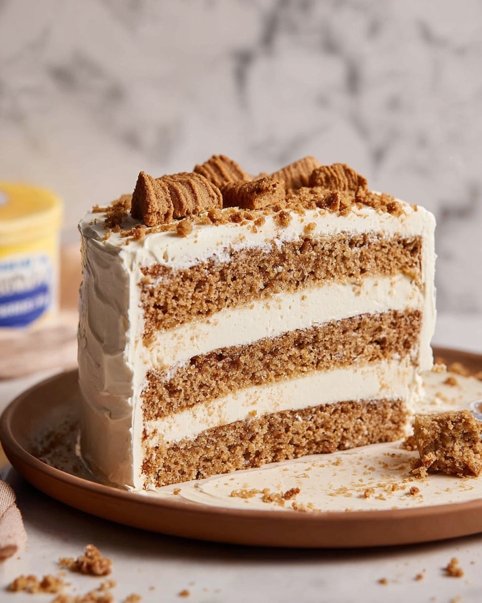 A slice of three-layer light brown cake with white creamy frosting between each layer and covering the outside sits on a white plate with a ridged edge. The cake texture looks soft and crumbly. A silver fork rests on the plate, holding a bite-sized piece of the cake with frosting. Around the plate on a white marbled surface, there are cookie crumbs scattered and two whole sandwich cookies are placed near the top left corner. Another white plate with a partially visible slice of the same cake is at the bottom left corner. Photo taken with an iphone --ar 4:5 --v 7