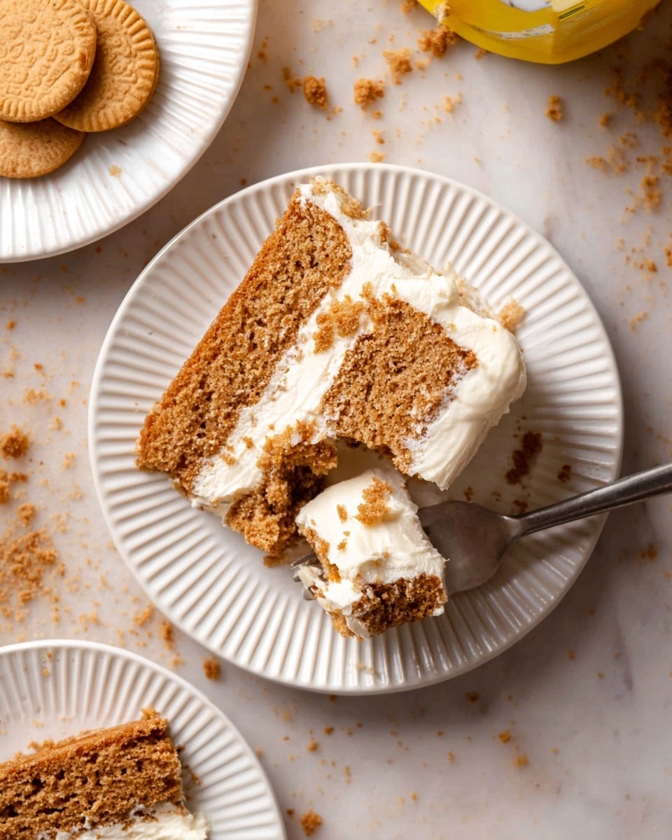 The image shows a three-layer cake with light brown textured cake layers and two thick white creamy frosting layers between them. The outside of the cake is covered in smooth white frosting, and the top is decorated with broken pieces of small brown cookies placed unevenly. The cake sits on a brown plate with some crumbs around it, and the background is a white marbled texture. Photo taken with an iphone --ar 4:5 --v 7