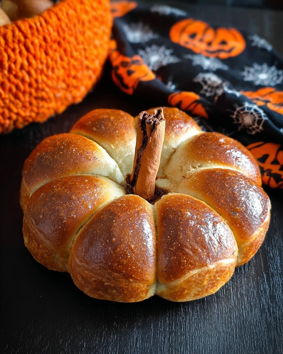 The image shows a pumpkin-shaped bread with eight rounded segments, each a golden-brown color with a shiny, smooth crust. Between the segments, there is a visible layer of chocolate filling with a creamy texture. In the center of the bread, a thick cinnamon stick stands upright, acting as the pumpkin's stem. The bread is placed on a black surface with an orange knitted item and a black fabric with white spider web and orange pumpkin patterns nearby. photo taken with an iphone --ar 4:5 --v 7