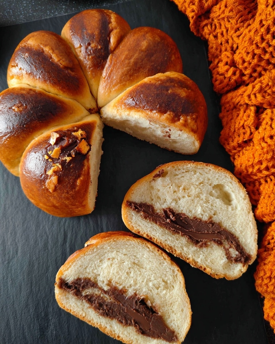 The image shows a brown, pumpkin-shaped bread with eight segments, each segment having a shiny golden crust on the outside and soft, light dough inside, filled with dark brown chocolate spread between the layers. The bread is placed on a black surface, and next to it is a piece of thick, chunky orange knit fabric. Below the whole bread, there are two halves of the same bread slice showing the fluffy interior with chocolate spread running through the middle, with a smooth, shiny crust around the edges. Photo taken with an iphone --ar 4:5 --v 7