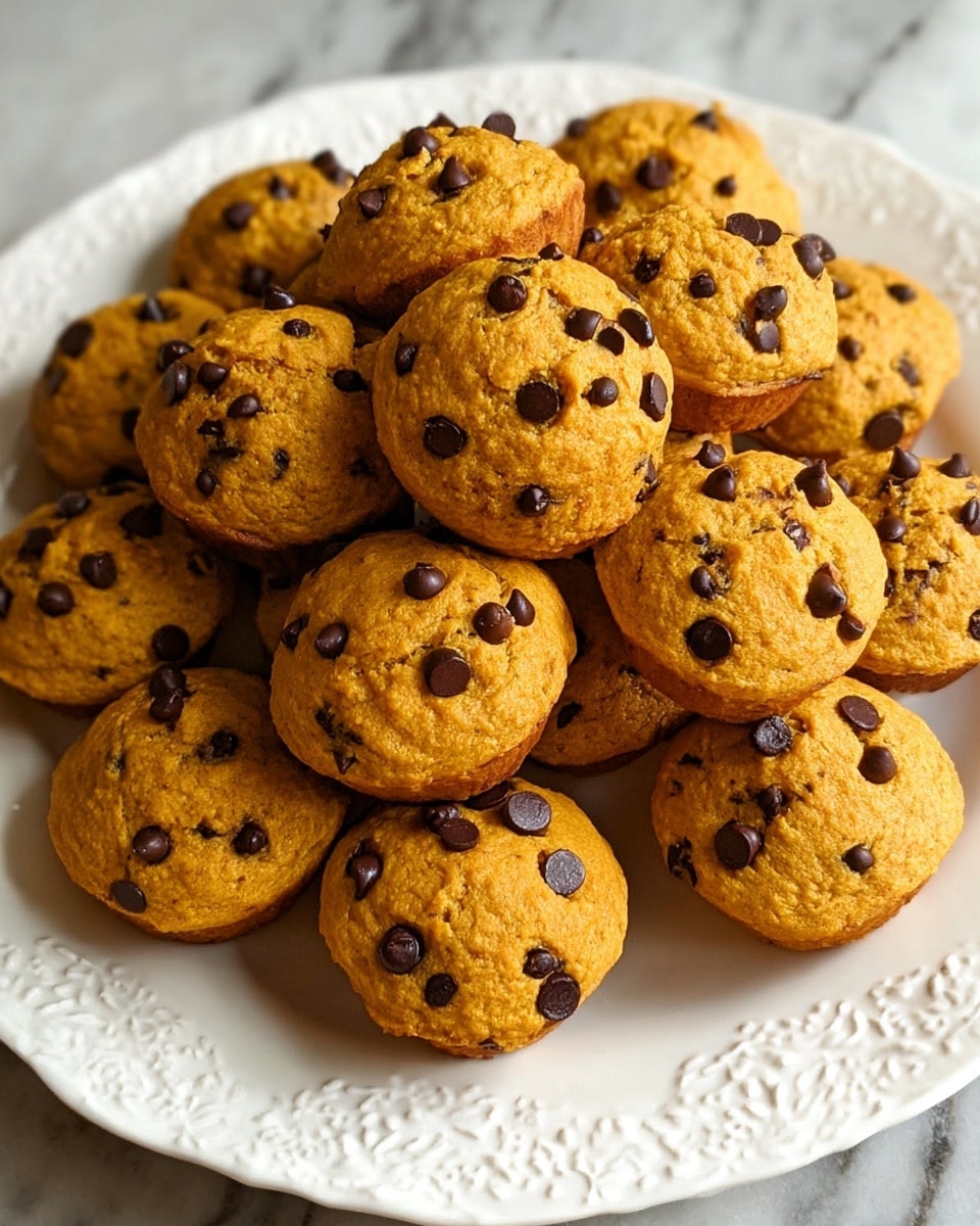 A white plate with a subtle raised floral pattern holds a pile of small, round pumpkin muffins with chocolate chips on top. The muffins are golden orange in color with a soft, slightly bumpy texture, and the shiny dark brown chocolate chips are scattered evenly across their tops, giving a rich contrast. The muffins are close together, filling most of the plate. The background features a white marbled surface that adds a clean, fresh look to the overall image. photo taken with an iphone --ar 4:5 --v 7