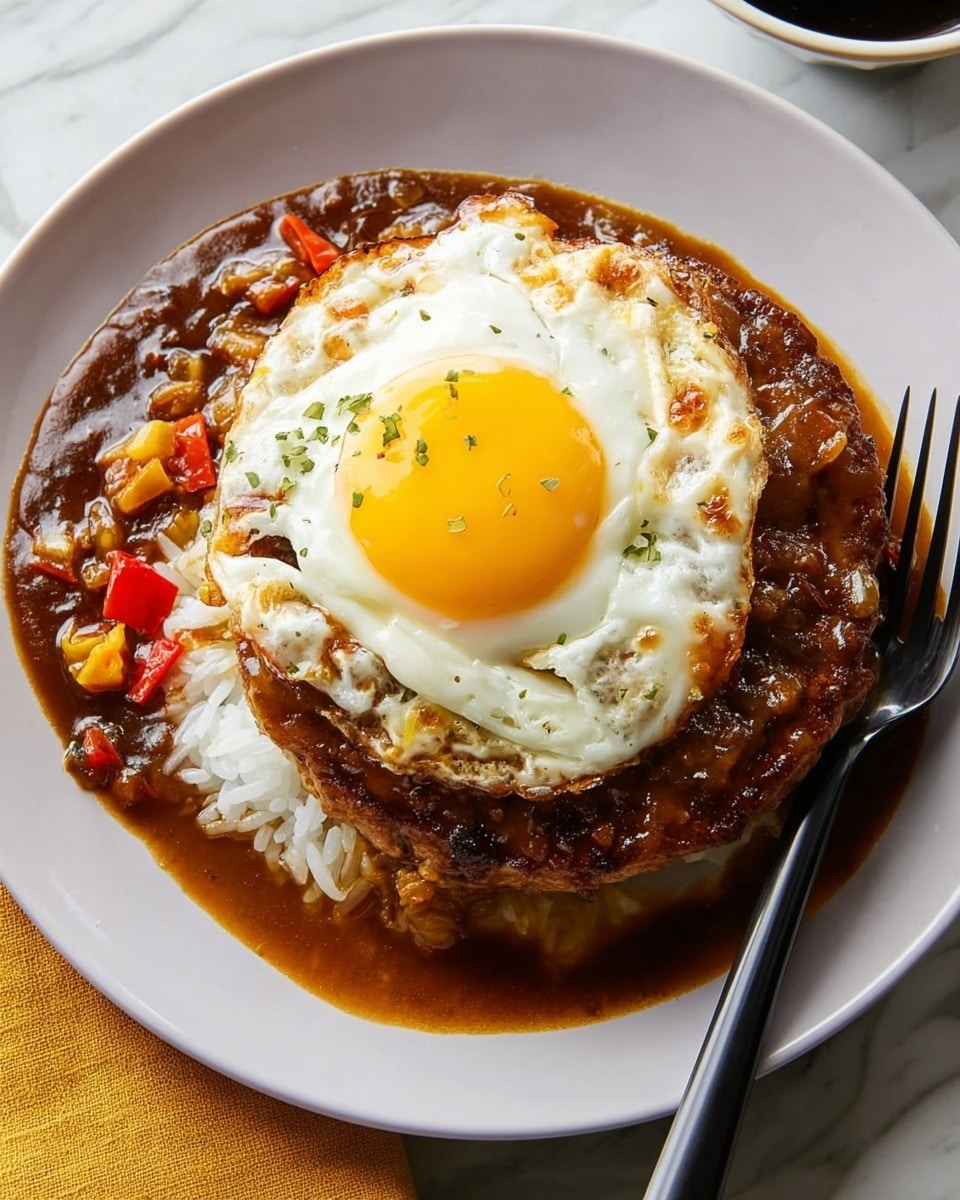 The image shows a white plate with a rich layered dish. The bottom layer is white and looks soft with some texture, possibly mashed or shredded. On top of it is a dark brown sauce spread unevenly on the left side of the plate, with visible chunks of red and yellow bits. Next, there is a thick, well-cooked browned patty covering the right half of the plate. At the very top, centered on the patty, is a fried egg with a bright yellow yolk and white edges. The plate sits on a white marbled surface, with a black fork and a yellow cloth nearby. Photo taken with an iphone --ar 4:5 --v 7