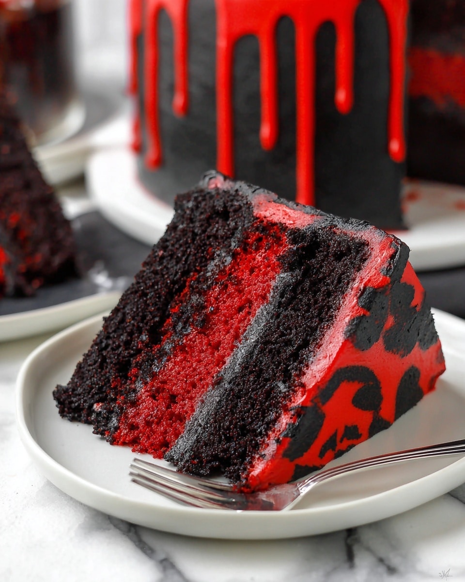 The image shows a slice of cake with four visible layers, alternating between dark black and bright red. The black layers are thick, moist, and textured like chocolate cake, while the red layers are slightly thinner and have a smooth, vibrant red color. Between each cake layer, there is a dark black frosting that looks creamy and glossy, also covering the sides of the slice. The slice sits on a white plate with a fork next to it, on a white marbled surface. In the background, more of the cake is visible with red drip icing on the black outer frosting. Photo taken with an iphone --ar 4:5 --v 7