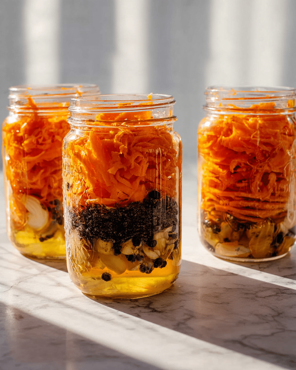 Three clear glass jars sit on a white marbled surface with light streaming from the side, casting long shadows. Each jar contains three layers: the bottom layer is a light yellow liquid with pieces of garlic and black peppercorns visible, the middle layer is a dark, coarse ingredient which looks like pepper flakes or seeds, and the top layer fills most of the jar with bright orange shredded carrots. The texture of the carrots is rough and crinkled in some jars, with the middle jar showing distinct ridged carrot slices sticking up above the surface. The background is softly blurred. Photo taken with an iphone --ar 4:5 --v 7