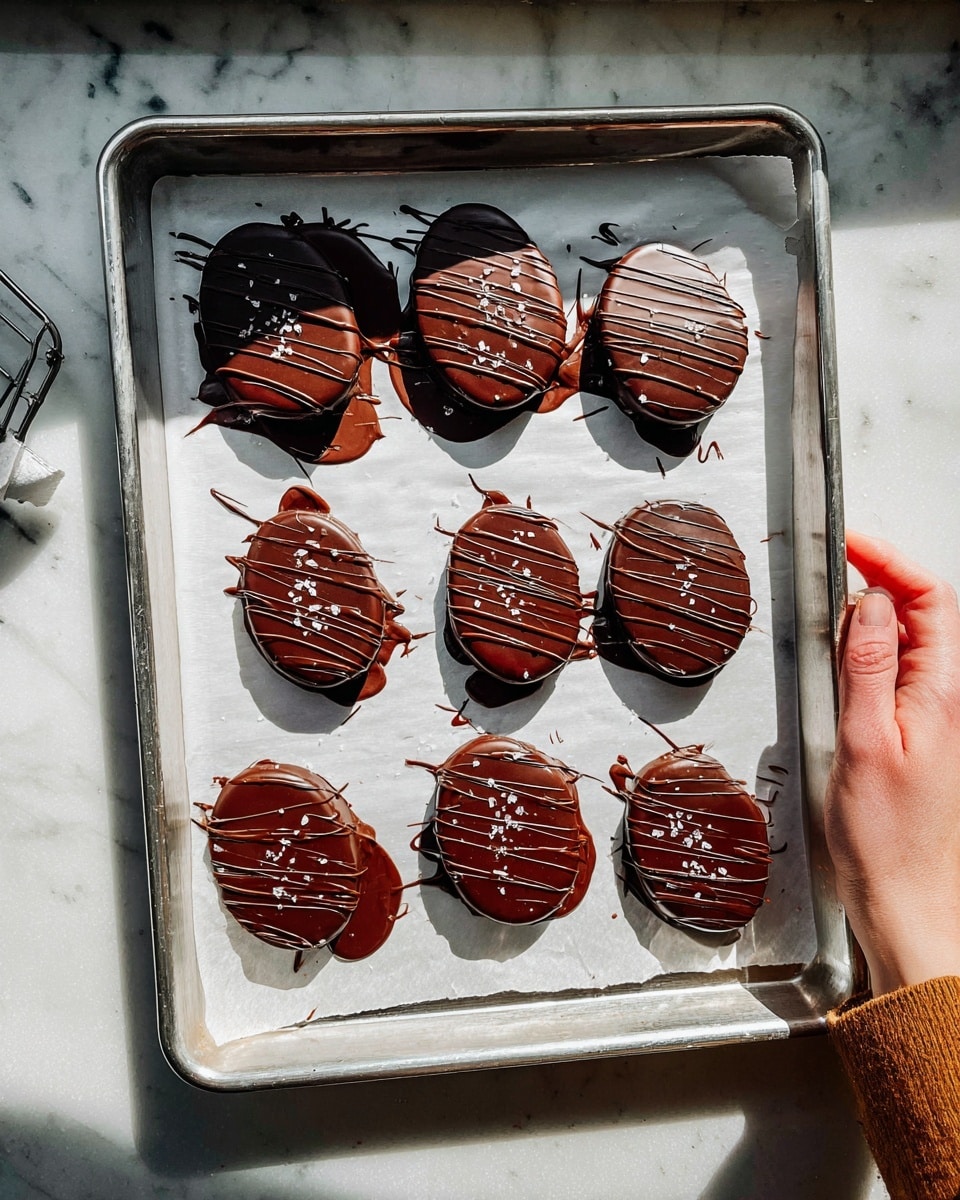A metal baking tray lined with white parchment paper holds nine smooth, oval-shaped treats coated in a shiny dark and milk chocolate layer that is slightly thick, dripping slightly onto the paper underneath. Each treat is drizzled with thin lines of darker chocolate on top and sprinkled with small flakes of sea salt, adding texture and contrast. The tray sits on a white marbled surface with a woman’s hand holding the right corner of the tray. Sunlight casts soft shadows across the treats and tray, highlighting the glossy chocolate and salt crystals. Photo taken with an iphone --ar 4:5 --v 7