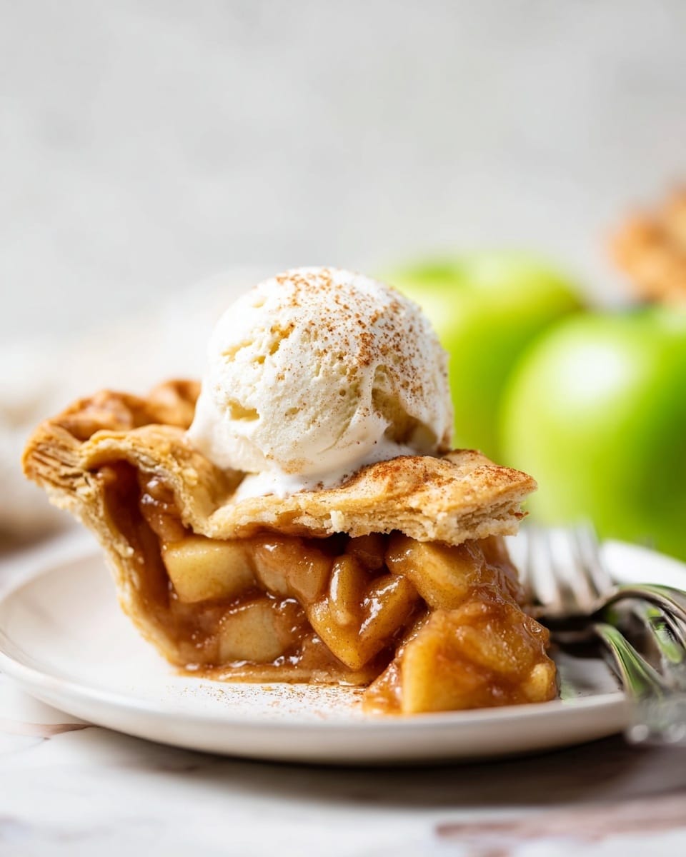The image shows a round pie with a golden-brown, lattice crust on a white plate, placed on a white marbled texture. The pie has two layers: the top layer is the light golden, woven crust with visible sugar sprinkles, and the bottom layer is the warm, soft filling made of sliced pears soaked in a thick, shiny, caramel-colored syrup which slightly spills on the plate. One slice of the pie is cut out and served on a smaller white plate with a speckled pattern on the edge, showing the thick, juicy fruit filling inside. Two green pears and a crumpled beige cloth napkin lie nearby, adding a natural, cozy feeling. photo taken with an iphone --ar 4:5 --v 7
