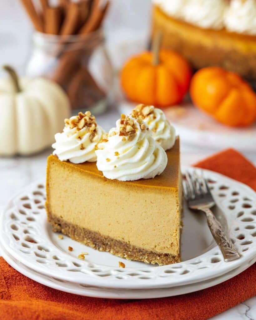 Pumpkin Cheesecake with Spiced Whipped Cream and Pecan Topping Recipe