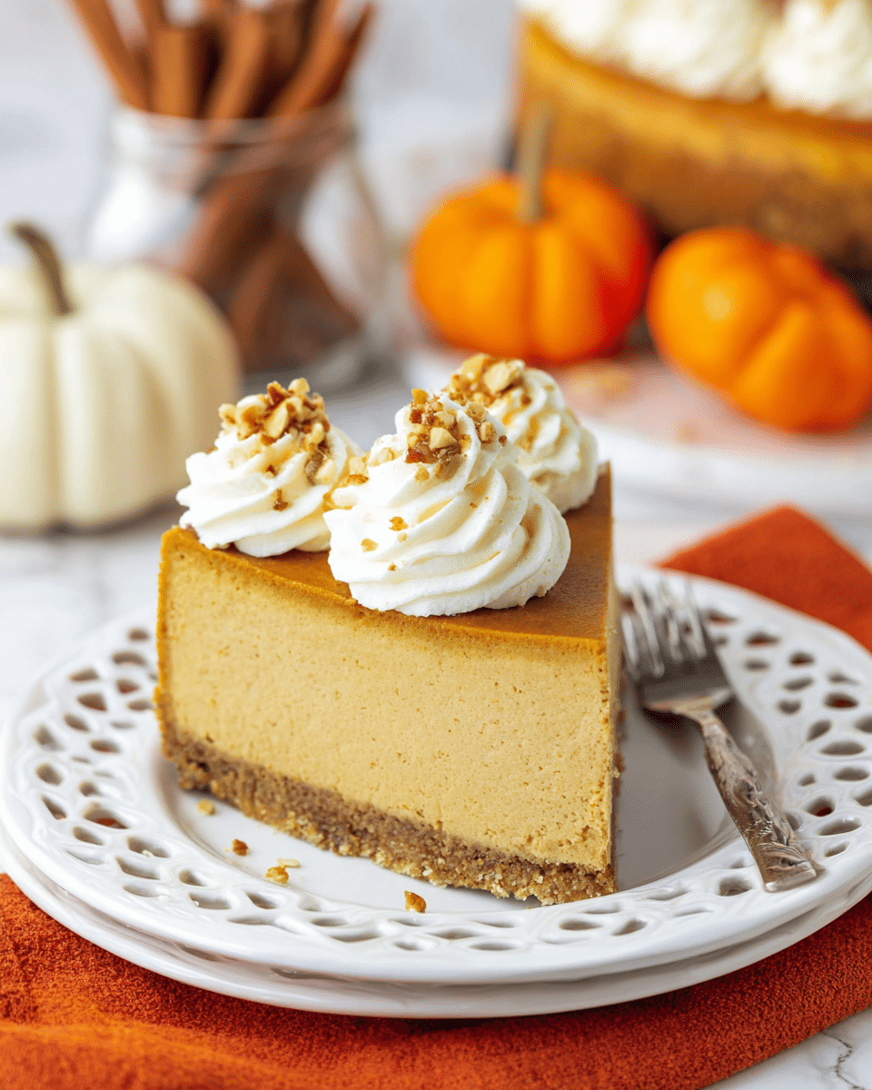 The image shows a slice of pumpkin cheesecake on a white plate with a cut-out pattern around the edge, sitting on top of an orange cloth. The cheesecake has two layers: a thicker, smooth, light brown pumpkin layer on top and a slightly darker, crumbly crust layer at the bottom. On top of the pumpkin layer, there are two swirls of creamy white whipped topping sprinkled with small pieces of chopped nuts. In the background, there are small pumpkins and a glass jar with cinnamon sticks placed on a white marbled surface. A silver fork rests beside the cheesecake slice on the plate. photo taken with an iphone --ar 4:5 --v 7
