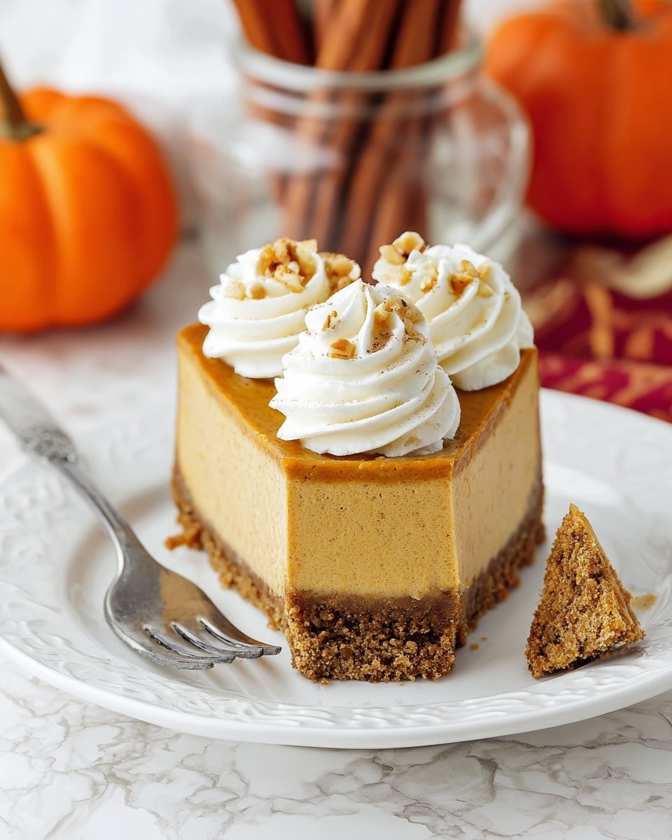 A slice of pumpkin cheesecake sits on a white plate with a decorative edge, showing three distinct layers: a thick brown crust at the bottom with a crumbly texture, a dense orange-tan pumpkin filling in the middle, and two swirls of white whipped cream topped with small chopped nuts on top. Next to the slice on the plate, a silver fork holds a small triangle piece of the cheesecake. The background has a white marbled texture, with a blurred small orange pumpkin and a glass jar with cinnamon sticks in it. Photo taken with an iphone --ar 4:5 --v 7