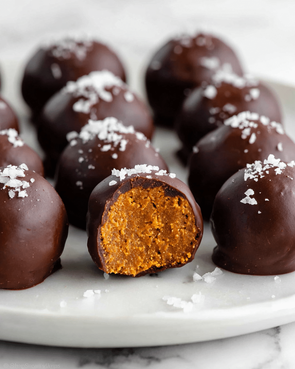 The image shows two rows of round truffles on a white plate set on a white marbled surface. Each truffle has a dark brown outer chocolate layer that looks smooth and shiny. A light layer of flaky white salt is sprinkled on top of each truffle. The front truffle is cut in half, revealing a dense inside layer that is orange-brown in color with a slightly coarse texture. The half truffle’s filling appears thick and firm, giving contrast to the chocolate shell. Photo taken with an iphone --ar 4:5 --v 7