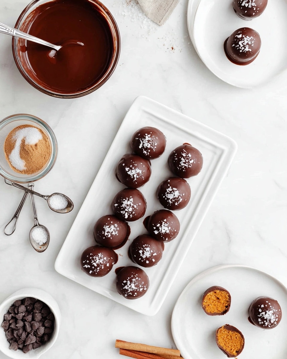 A white rectangular plate holds three rows of five smooth, round chocolate balls, each topped with a sprinkle of white sea salt. One ball at the bottom right is cut in half, showing a dense orange-yellow interior. Around the main plate, smaller white plates display single or halved chocolate balls on a white marbled surface. In the upper left, a clear glass bowl filled with melted chocolate has a silver spoon resting inside. Nearby are two metal measuring spoons with powdered spices and a small jar of white granules. A white bowl filled with small dark chocolate chips and a cinnamon stick lies in the lower left corner. The overall layout is clean and bright, with all items neatly arranged and a focus on the glossy chocolate texture. photo taken with an iphone --ar 4:5 --v 7