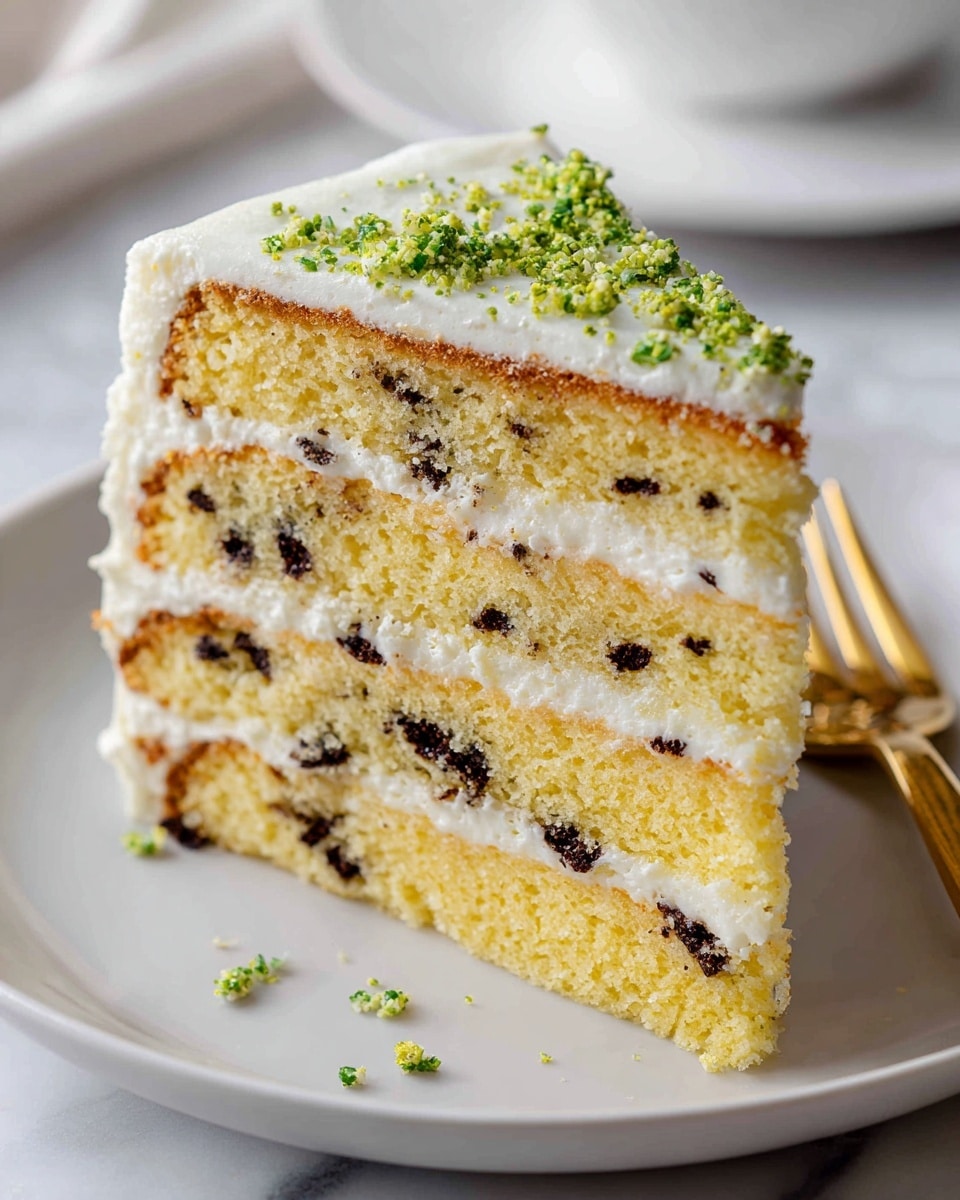 A close-up of a white plate holding a four-layer slice of yellow sponge cake with creamy white frosting between each layer, speckled with small chocolate bits. The top of the cake has a smooth layer of white frosting with a sprinkle of green crumbled decoration. The sides of the slice show a clear separation of each cake and frosting layer, with the cake layers thick and fluffy, and the frosting layers creamy and dotted with chocolate pieces. The setting is on a white marbled surface, with a blurred gold fork partially visible behind the plate. Photo taken with an iphone --ar 4:5 --v 7