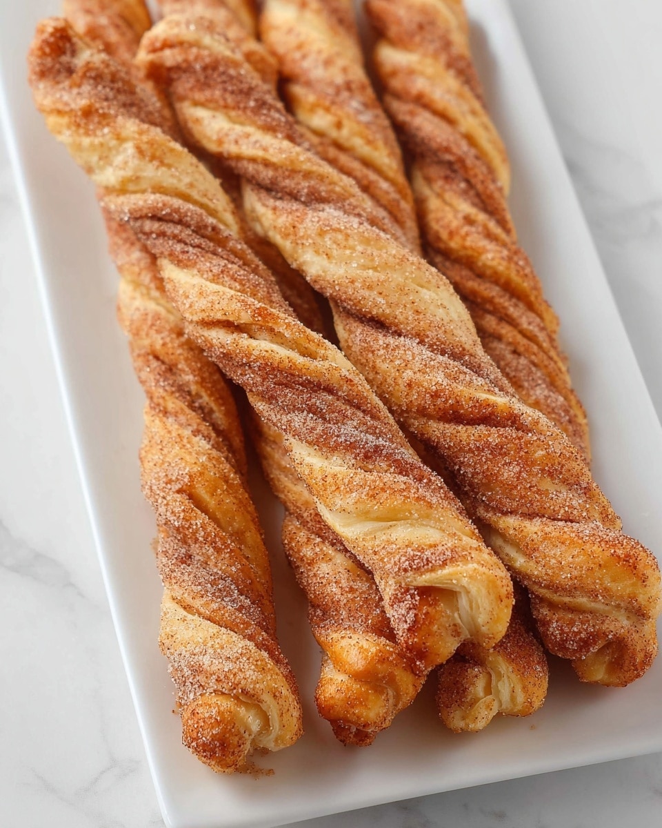 The image shows several twisted pastry sticks neatly placed on a white rectangular plate. Each stick has two visible layers: a light golden-brown dough layer twisted with a darker cinnamon-sugar layer, creating a spiral pattern along the length. The top surface is sprinkled with a fine dusting of cinnamon sugar, giving a slightly grainy texture. The pastries appear crispy on the outside with soft doughy layers inside, and they rest on a white marbled surface. photo taken with an iphone --ar 4:5 --v 7