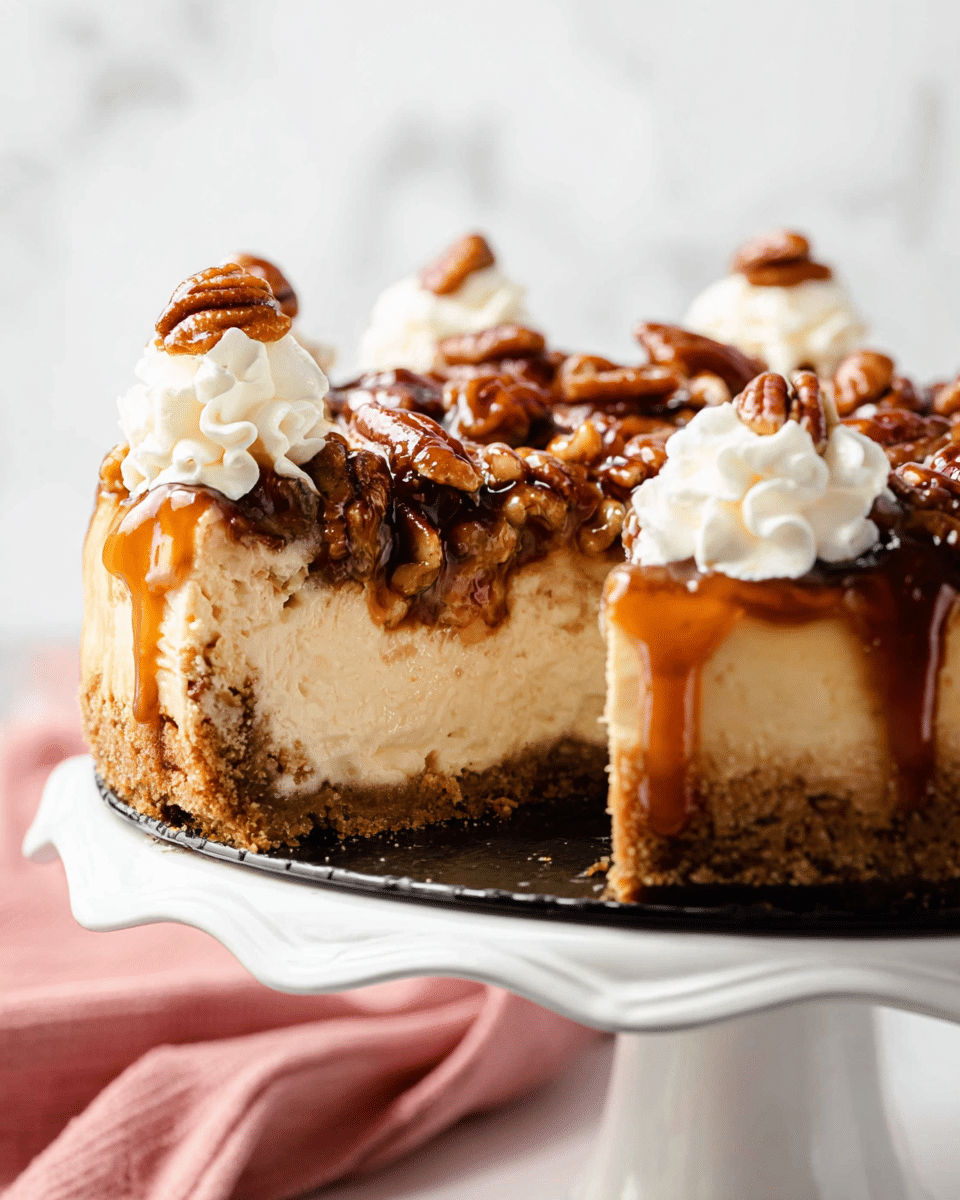 The image shows a slice of cheesecake with a crumbly golden brown crust at the bottom, a thick creamy beige cheesecake layer in the middle, and a rich layer of caramel-covered pecans on top. The pecans are glossy and dark brown, with caramel dripping down the sides, adding a sticky texture. On top of the pecans, there are small swirls of white whipped cream dollops around the edge of the slice. The slice is on a white cake stand with a wavy edge, and a pink cloth is slightly visible in the blurred background on a white marbled surface. Photo taken with an iphone --ar 4:5 --v 7