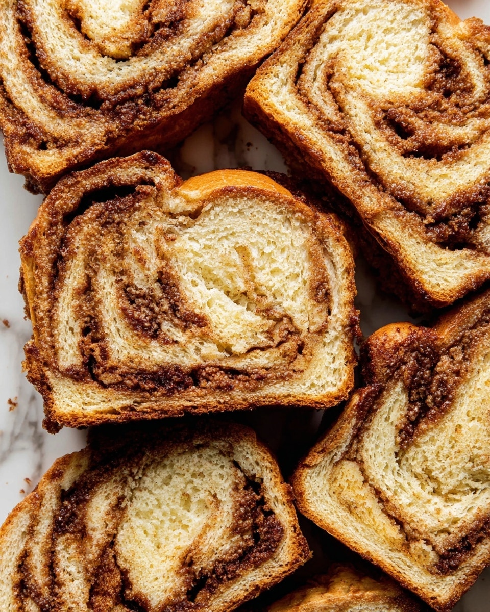 The image shows several slices of cinnamon swirl bread laid out closely together on a white marbled surface. Each slice features one main layer of soft, light golden bread with slightly crispy edges. Swirled in the middle of each slice is a dark brown, crumbly cinnamon sugar filling, creating thick, uneven lines that twist and blend into the bread. The texture of the bread looks fluffy and airy, while the cinnamon swirl layers appear crumbly and slightly sticky. The overall look is warm and inviting with varied light brown tones, highlighting the layers and swirls clearly. photo taken with an iphone --ar 4:5 --v 7