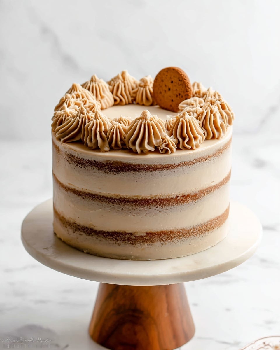 The image shows a tall, round cake with four visible layers of light brown sponge separated by smooth, creamy frosting of a similar light brown color. The sides of the cake are semi-naked, showing the cake layers through a thin layer of frosting. On top, there is a ring of piped frosting swirls around the edge, also light brown, with smaller dollops inside the ring and a single cookie centered on the top. The cake sits on a white marble cake stand with a wooden base, against a white marbled surface background. Photo taken with an iphone --ar 4:5 --v 7