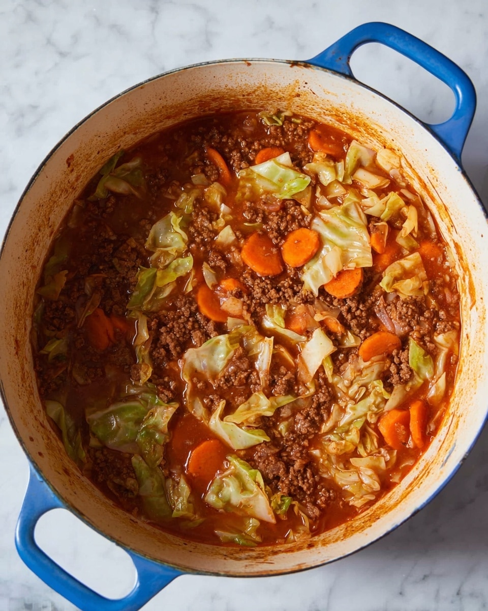 Inside a blue pot with white inside, there is a rich, thick stew with visible pieces of green cabbage, slices of bright orange carrot, and chunks of browned ground meat in a reddish-brown broth. The cabbage pieces are uneven and vary in size, spread throughout the stew, with the carrots scattered evenly. The meat chunks are small and mixed well with the vegetables and broth. The inside of the pot rim shows some splashes of the stew's sauce. The pot sits on a white marbled surface. Photo taken with an iphone --ar 4:5 --v 7