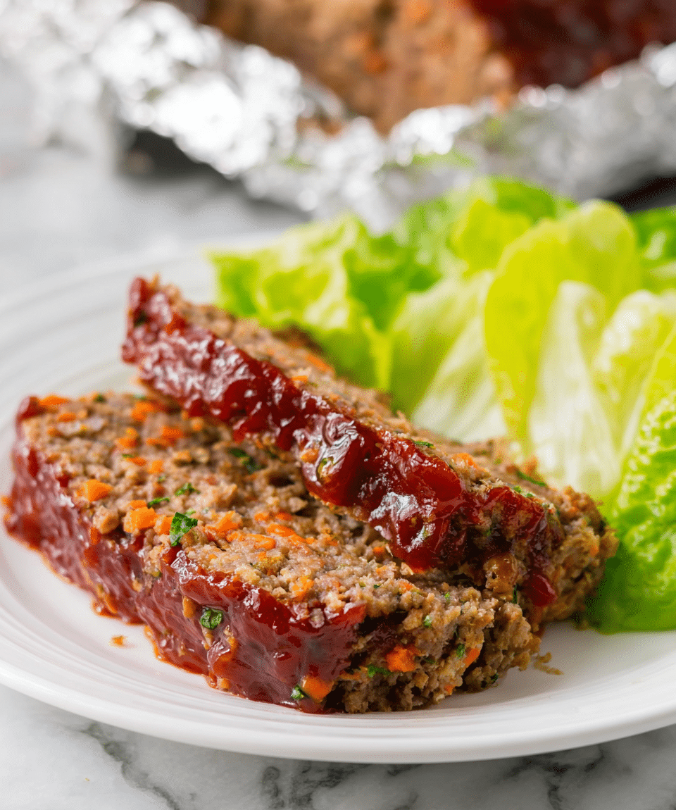 A white plate holds two thick slices of meatloaf with a shiny, deep red glaze on top. The meatloaf has a crumbly, browned texture with visible bits of orange carrot and green herbs mixed inside. Next to the meatloaf is a small pile of fresh, light green lettuce leaves. The plate rests on a white marbled surface, with some foil and meatloaf visible but blurry in the background. Photo taken with an iphone --ar 4:5 --v 7