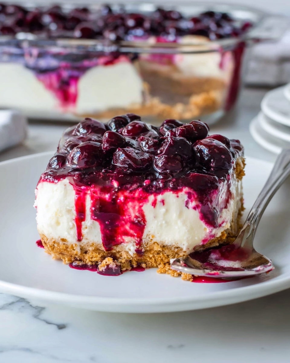A white plate holds a slice of layered dessert with three main layers: the bottom layer is a light brown crumbly base, the middle layer is creamy white, smooth and thick, and the top layer is a shiny deep purple-red berry sauce with whole dark berries scattered on it, dripping slightly down the sides. A spoon with some dessert on it rests to the right of the slice. In the background, there is a white marbled surface with a glass container showing the dessert’s full layered form. Photo taken with an iphone --ar 4:5 --v 7
