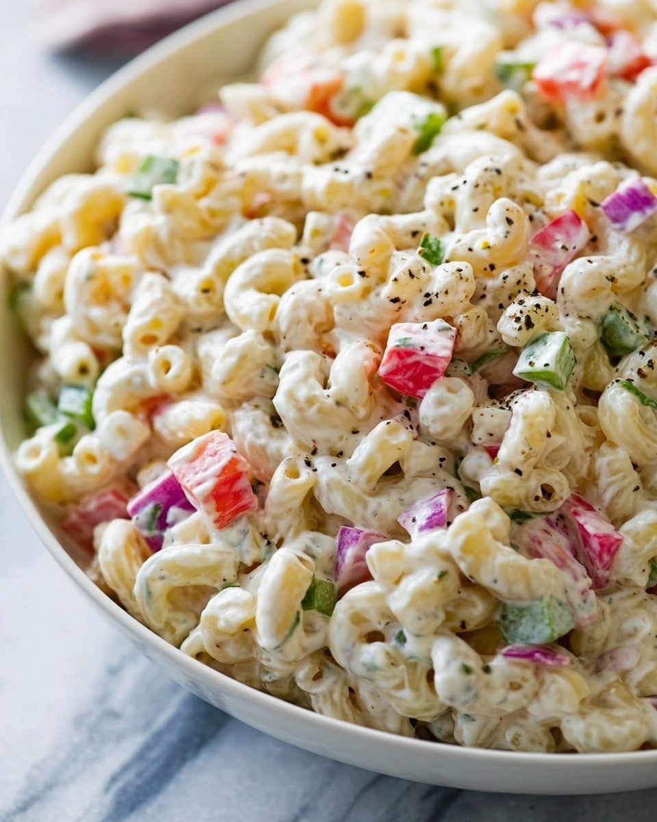 The image shows a bowl filled with creamy macaroni salad made of small elbow macaroni pasta coated in a thick white dressing. Mixed throughout the pasta are small cubes of red, green, and purple vegetables, creating a colorful contrast against the light sauce. Small black pepper flakes are sprinkled on top, adding a touch of texture. The bowl is white, and the surface beneath it is a white marbled texture. Photo taken with an iphone --ar 4:5 --v 7