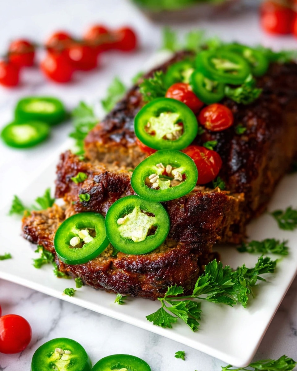 A cooked meatloaf sits on a white rectangular plate, with a crispy dark brown outer layer. On top of the meatloaf are several bright green jalapeño slices with visible seeds, adding a fresh texture. Around the meatloaf, there are green parsley leaves scattered, brightening the dish. To the side, there are small red cherry tomatoes still on the vine, and more green jalapeño slices are visible in the background, all set on a white marbled surface. photo taken with an iphone --ar 4:5 --v 7
