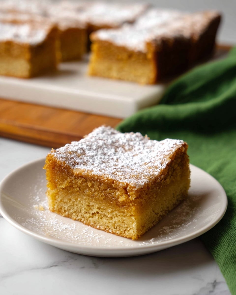A single square piece of golden brown cake sits in the center of a white plate, showing two visible layers: a denser, lighter brown base and a slightly crumbly, deeper golden top layer dusted evenly with powdered sugar. In the background, more pieces of the same cake are cut and arranged on a white serving board against a white marbled texture, with a green cloth placed beside it. The image focuses closely on the front piece, highlighting its moist texture and soft edges. Photo taken with an iphone --ar 4:5 --v 7