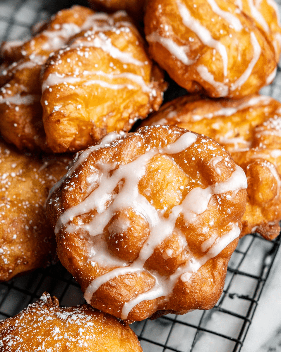 The image shows several fried dough pastries with a rough, golden-brown texture. Each pastry has irregular, bumpy layers with white glaze drizzled unevenly across the surface, adding a shiny, creamy contrast to the crispy dough. Some pastries are dusted with powdered sugar, creating a light white speckled effect on the golden base. They rest closely together on a metal cooling rack with thin, dark bars visible underneath, all set on a white marbled surface. photo taken with an iphone --ar 4:5 --v 7