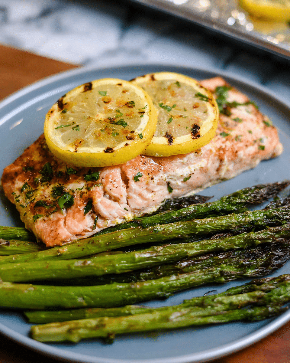 A cooked pink salmon fillet lies in the center of a round white plate, topped with two thin yellow lemon slices that have charred grill marks and small green herb bits scattered on the fish. Below the salmon, several green grilled asparagus spears with dark grill marks and a juicy texture stretch across the bottom of the plate. The plate sits on a white marbled surface with a blurred aluminum tray in the background. photo taken with an iphone --ar 4:5 --v 7