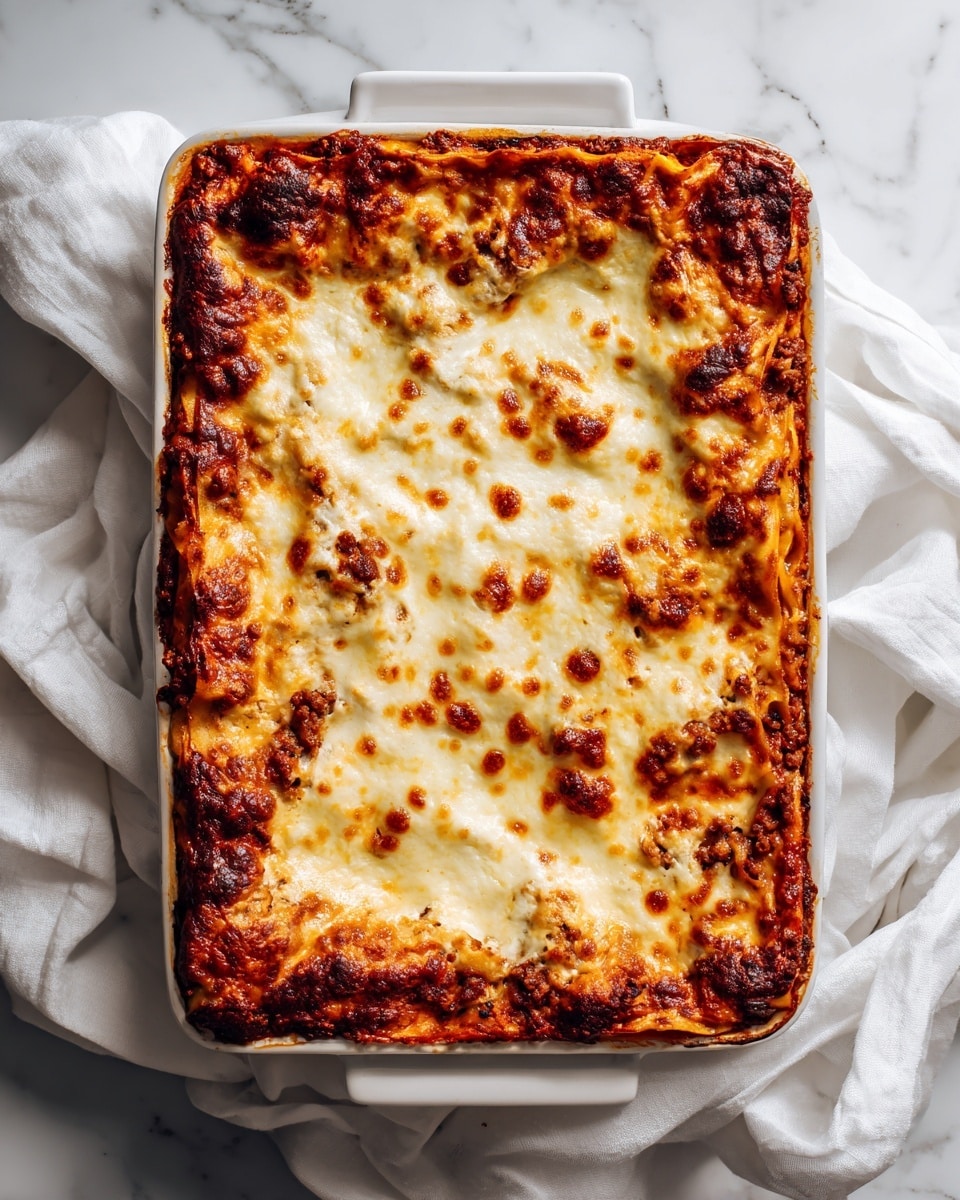 A rectangular white baking dish holds a freshly baked lasagna with a golden brown, slightly bubbled cheese layer on top. The top layer is thick and creamy with melted mozzarella cheese that has patches of darker browned spots around the edges. Beneath this cheese layer, the visible edges show a rich, dark red tomato sauce mixed with ground meat and visible pasta sheets that peek through in some places. The lasagna looks thick and hearty, with multiple layers of pasta, sauce, and cheese stacked inside the dish. The baking dish sits on a crumpled white cloth over a white marbled textured surface with soft natural light highlighting the melted cheese texture. photo taken with an iphone --ar 4:5 --v 7